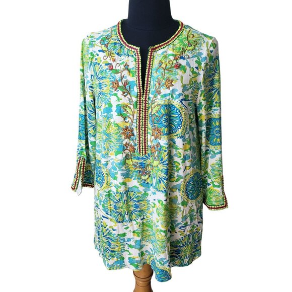 Soft Surroundings Green Beaded Embroidered Y Neck Blouse S Boho Artsy Summer - Picture 1 of 11